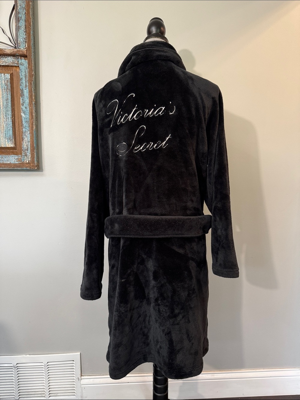 Victoria's Secret Black Plush Embroidered Robe
